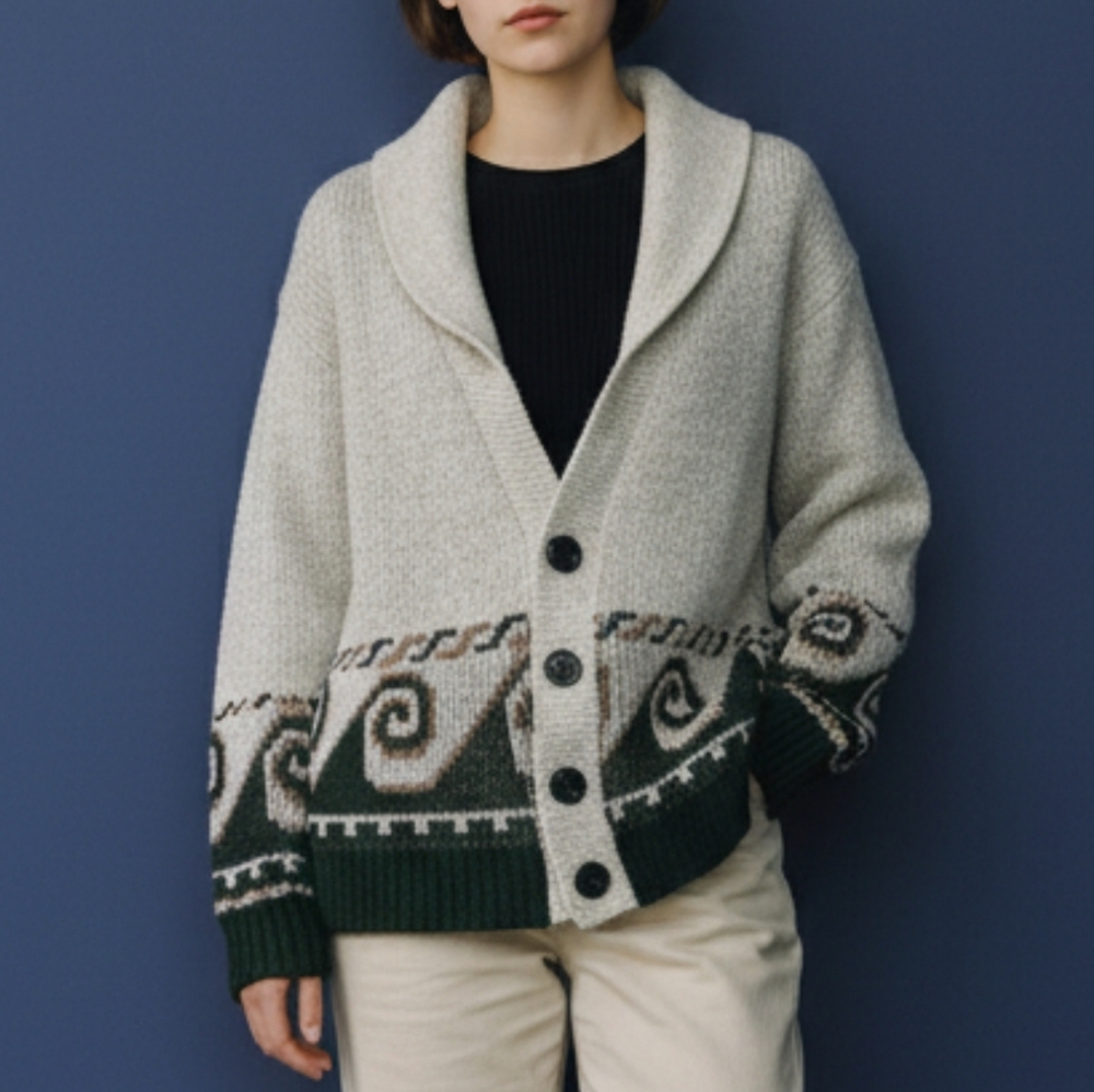 VTG 60s Cream and Green Grandpa Cardigan Sweater Ferranti of  California MEDIUM